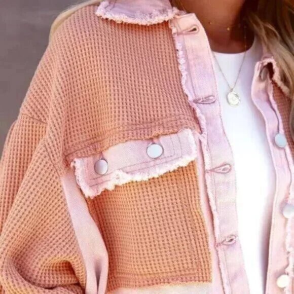 Waffle Knit Contrast Patchwork Button Down Light Shacket Jacket Pink/Cream - Picture 5 of 5
